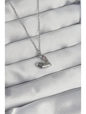 316L Çelik Zincir Gümüş Renk Renkli Zirkon Taşlı Kalp Kolye