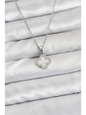 316L Çelik Zincir Gümüş Renk Sedefli Yonca Kadın Kolye