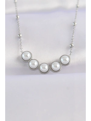 316L Çelik Zincir Gümüş Renk Sıralı İnci Taşlı Kolye