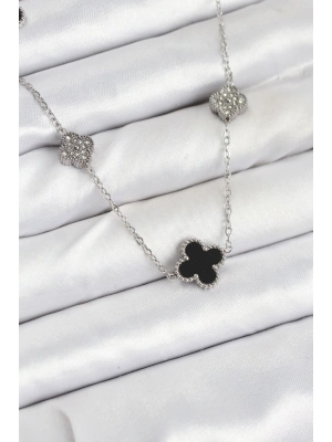 316L Çelik Zincir Gümüş Renk Siyah ve Zirkon Taşlı Yonca Kadın Kolye