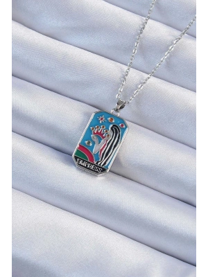 316L Çelik Zincir Gümüş Renk Taç ve Kız Figürlü Renkli Mineli Tarot Kolye