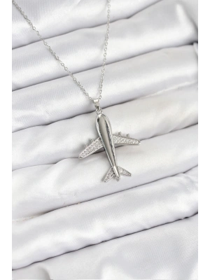 316L Çelik Zincir Gümüş Renk Uçak Model Kadın Kolye