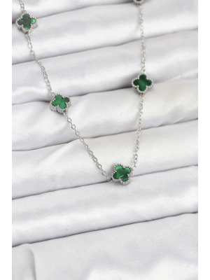 316L Çelik Zincir Gümüş Renk Yeşil Baby Boy Yonca Kadın Kolye