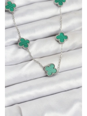 316L Çelik Zincir Gümüş Renk Yeşil Yonca Kadın Kolye