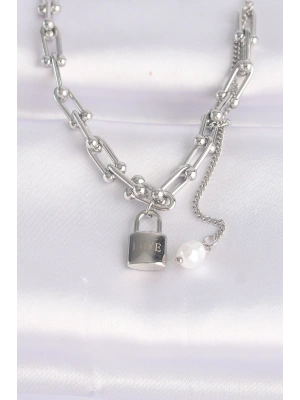 316L Çelik Zincir Gümüş Renk Zincirli Love Yazılı Kilit Kolye