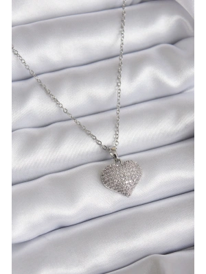 316L Çelik Zincir Gümüş Renk Zirkon Taş Detay Kalp Model Kadın Kolye