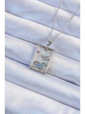 316L Çelik Zincir Gümüş Renk Zirkon Taşlı Ay Figürlü Tarot Kolye