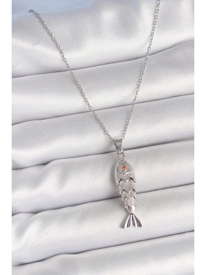 316L Çelik Zincir Gümüş Renk Zirkon Taşlı Balık Figürlü Kolye