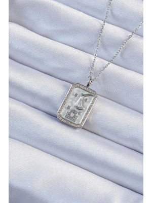 316L Çelik Zincir Gümüş Renk Zirkon Taşlı Çerçeveli Tarot Kolye