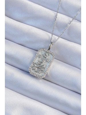 316L Çelik Zincir Gümüş Renk Zirkon Taşlı Çerçeveli Tarot Kolye