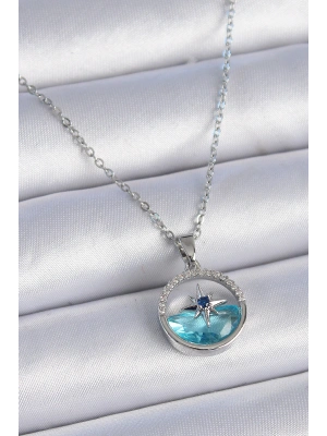 316L Çelik Zincir Gümüş Renk Zirkon Taşlı Deniz Görünüm Kutup Yıldızı Kolye