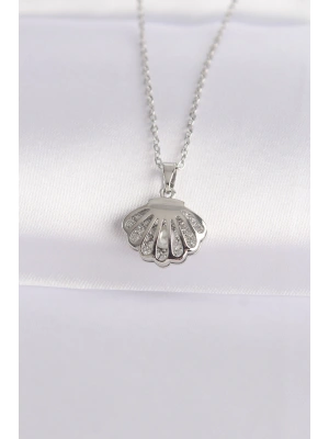 316L Çelik Zincir Gümüş Renk Zirkon Taşlı İnci Detay İstiridye Kolye