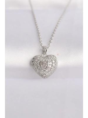 316L Çelik Zincir Gümüş Renk Zirkon Taşlı Kalp Kolye