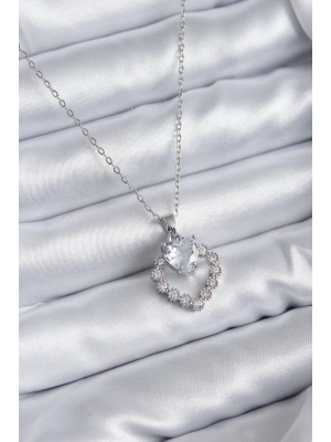 316L Çelik Zincir Gümüş Renk Zirkon Taşlı Kalp Model Kadın Kolye