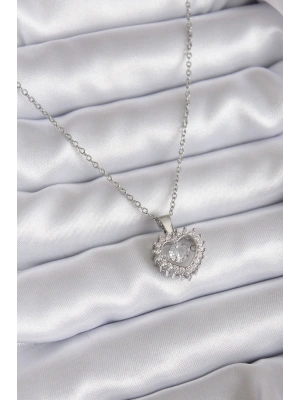 316L Çelik Zincir Gümüş Renk Zirkon Taşlı Kalp Model Kadın Kolye