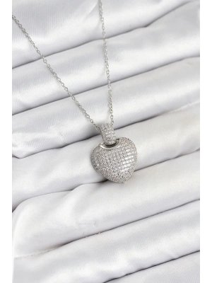 316L Çelik Zincir Gümüş Renk Zirkon Taşlı Kalpli Kadın Kolye