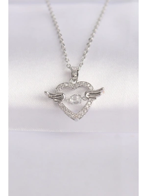 316L Çelik Zincir Gümüş Renk Zirkon Taşlı Kanatlı Kalp Kolye
