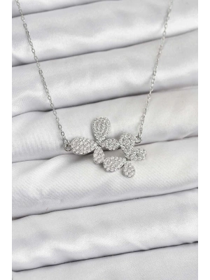 316L Çelik Zincir Gümüş Renk Zirkon Taşlı Kelebek Model Kadın Kolye