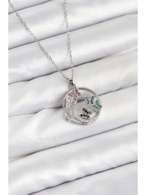 316L Çelik Zincir Gümüş Renk Zirkon Taşlı Kelebekli Kadın Kolye