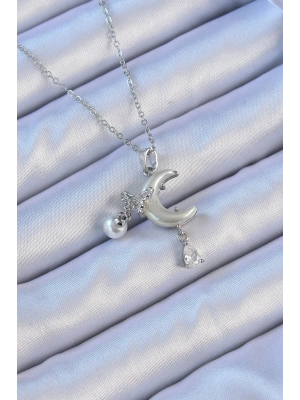 316L Çelik Zincir Gümüş Renk Zirkon Taşlı Kelebekli Mineli Ay Kolye