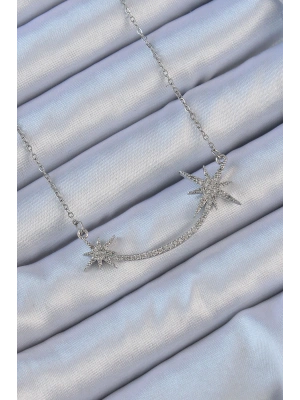 316L Çelik Zincir Gümüş Renk Zirkon Taşlı Kutup Yıldızı Kolye