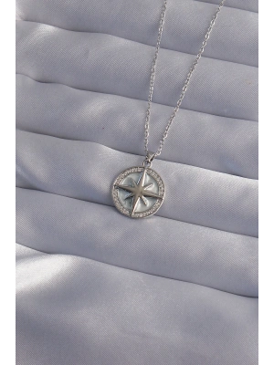 316L Çelik Zincir Gümüş Renk Zirkon Taşlı Kutup Yıldızı Kolye