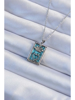 316L Çelik Zincir Gümüş Renk Zirkon Taşlı Mavi Mermer Desenli Taç Model Tarot Kolye