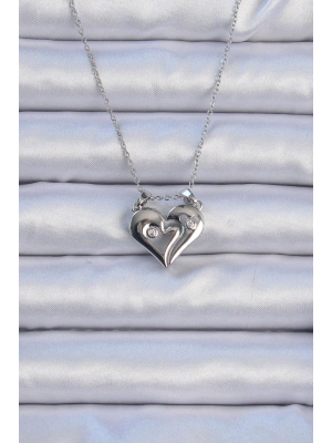 316L Çelik Zincir Gümüş Renk Zirkon Taşlı Mıknatıslı Kalp Kolye