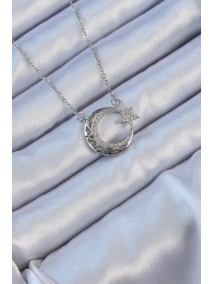 316L Çelik Zincir Gümüş Renk Zirkon Taşlı Motifli Ay Yıldız Kolye