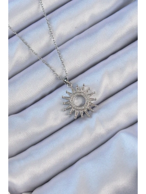 316L Çelik Zincir Gümüş Renk Zirkon Taşlı Parlayan Güneş Kolye