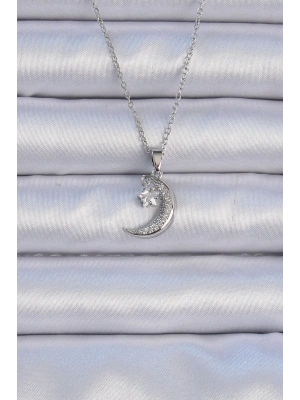 316L Çelik Zincir Gümüş Renk Zirkon Taşlı Sallantılı Ay Yıldız Kolye