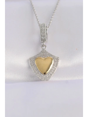 316L Çelik Zincir Gümüş Renk Zirkon Taşlı Tasarım Altın Renk Kalp Kolye
