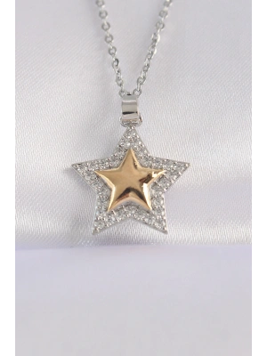 316L Çelik Zincir Gümüş Renk Zirkon Taşlı Tasarım Altın Renk Yıldız Kolye