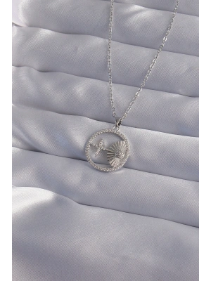 316L Çelik Zincir Gümüş Renk Zirkon Taşlı Yıldız Figürlü Oval Kolye