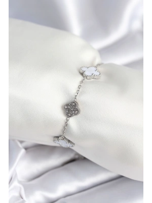 316L Çelik Zincir Gümüş Renk Zirkon Taşlı Yonca Beyaz Kadın Bileklik