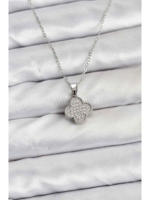 316L Çelik Zincir Gümüş Renk Zirkon Taşlı Yonca Model Kadın Kolye