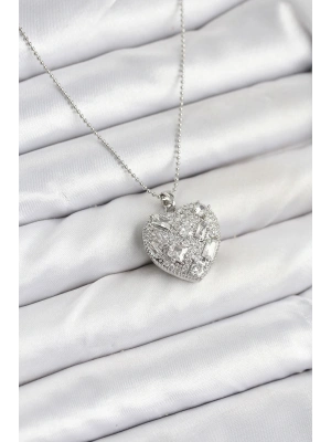 316L Çelik Zincir Gümüş Zirkon Taşlı Kalpli Kadın Kolye