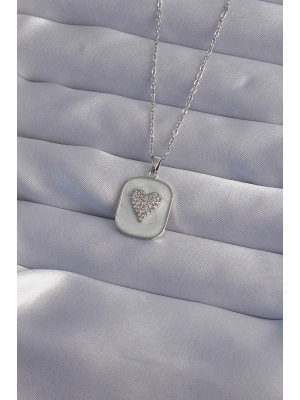 316L Çelik Zincir Mermer Desenli Gümüş Renk Zirkon Taşlı Kalp Model Kolye