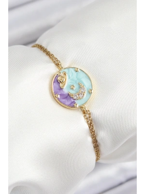 316L Çelik Zincir Mineli Sanatsal Portre Zirkon Taşlı Gezegen Model Gold Renk Kadın Bileklik