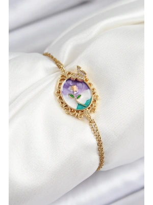 316L Çelik Zincir Mineli Sanatsal Portre Zirkon Taşlı Kelebek Detaylı Çiçek Model Gold Renk Kadın Bileklik