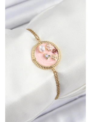 316L Çelik Zincir Pembe Mineli Sanatsal Portre İnci Detaylı Çiçek Model Gold Renk Kadın Bileklik