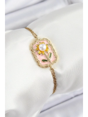 316L Çelik Zincir Pembe Mineli Sanatsal Portre İnci Detaylı Papatya Model Gold Renk Kadın Bileklik