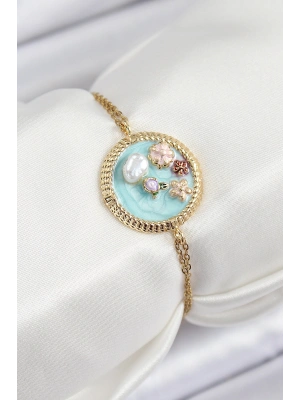 316L Çelik Zincir Turkuaz Mineli Sanatsal Portre İnci Detaylı Çiçek Model Gold Renk Kadın Bileklik