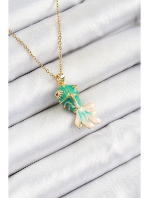 316L Çelik Zincir Yeşil Balık Model Gold Renk Kadın Kolye