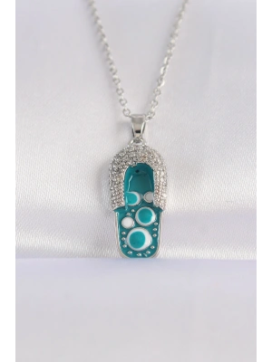 316L Çelik Zincir Zirkon Taşlı Gümüş Renk Nazarlı Terlik Tasarımlı Kolye