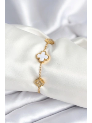 316L Çelik Zincir Zirkon Taşlı Yonca Beyaz Kadın Bileklik