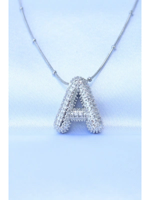 316L Çelik Zincirli Zirkon Taşlı A Harfli Gümüş Renk Bubble Kolye