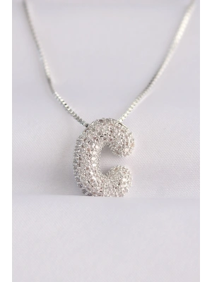316L Çelik Zincirli Zirkon Taşlı C Harfli Silver Renk Bubble Kolye