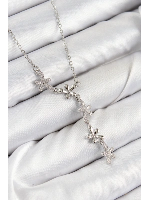 316L Çelik Zirkon Taşlı Çiçek Model Gümüş Renk Kadın Kolye