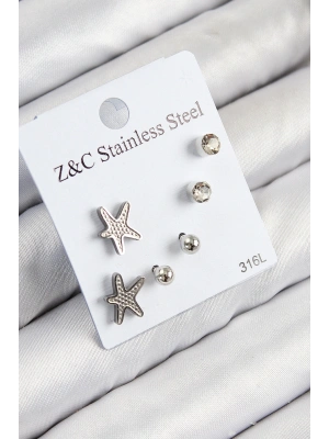 316L Çelik Zirkon Taşlı Deniz Yıldızı Model Gümüş Renk Kadın Set Küpe
